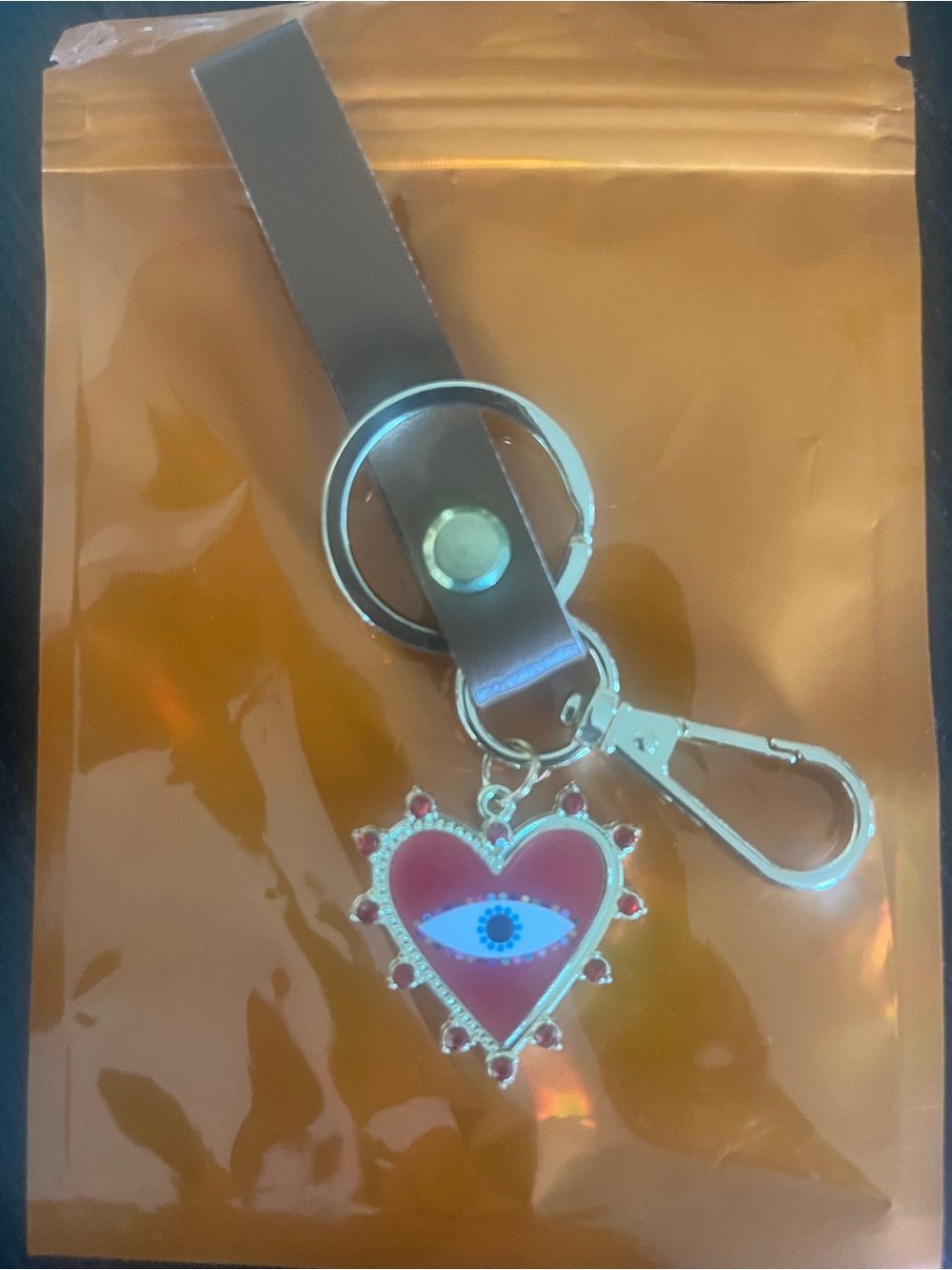 Red Heart Evil Eye Keychain with Brown Strap